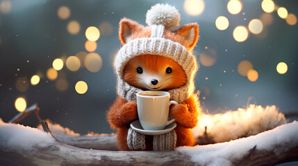 A cheerful cute fox in a knitted hat drinks cocoa from a cup against the background of a winter forest with fir trees, snow and colorful lights. Postcard for the New Year holidays.