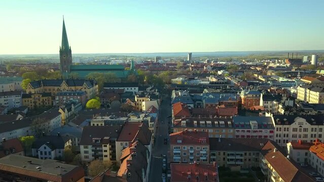 Aerial view of old historical Linkoping city in Sweden. European architecture in Scandinavian town