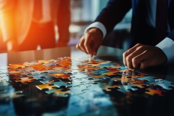 Group people putting puzzles together. Hands teamwork thinking partnership business meeting jigsaw strategy cooperation brainstorm company unity success piece join game part element mosaic logic shape