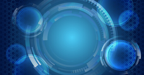 Hi-tech vector illustration with various technology elements. Abstract global sci fi concept. Digital internet communication on a blue background. Wide Cyber security internet and networking concept.