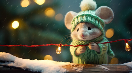 A cheerful cute mouse in a knitted hat  against the background of a winter forest with fir trees, snow and colorful lights. Postcard for the New Year holidays.