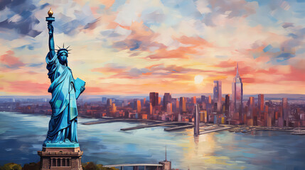 oil painting on canvas, The Statue of Liberty with One World Trade Center background, Landmarks of New York City, USA. - obrazy, fototapety, plakaty