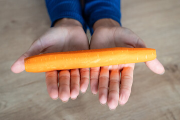 The woman holds food in her hand. the girl holds carrots in her hands. Orange carrot in hand