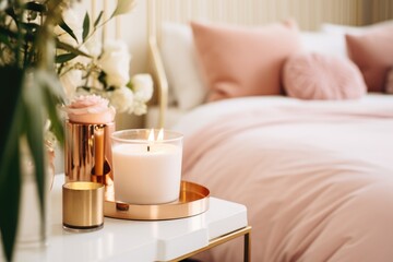 Fototapeta na wymiar Aroma candle mock up, warm aesthetic composition. Cozy home comfort, relaxation and wellness concept. Interior decoration mockup