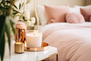 Foto op Plexiglas Aroma candle mock up, warm aesthetic composition. Cozy home comfort, relaxation and wellness concept. Interior decoration mockup © netrun78