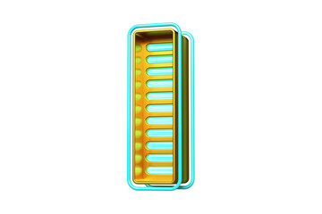 Neon light 3D letter I in gold and light blue. Neon style lettering design. High quality 3D rendering.