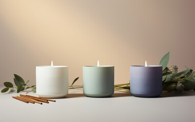 Collection of aroma candles, warm aesthetic composition. Cozy home comfort, relaxation and wellness concept. Interior decoration mockup. - obrazy, fototapety, plakaty