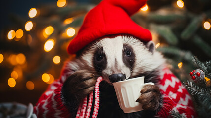 A cheerful cute badger in a knitted hat drinks cocoa from a cup against the background of a winter forest with fir trees, snow and colorful lights. Postcard for the New Year holidays.