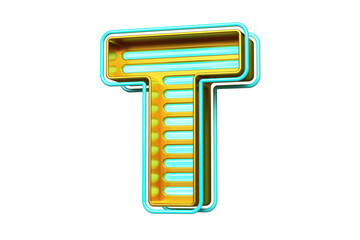 Shiny luminous letter T in gold and blue strips. Colorful casino style font. High quality 3D rendering.