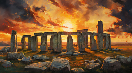 oil painting on canvas, Stonehenge at sunset.