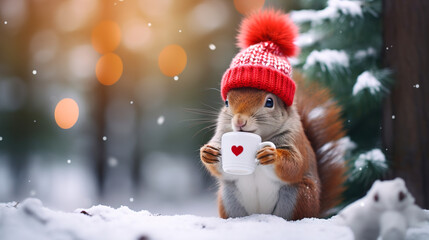 A cheerful cute squirrel in a knitted hat drinks cocoa from a cup against the background of a winter forest with fir trees, snow and colorful lights. Postcard for the New Year holidays.
