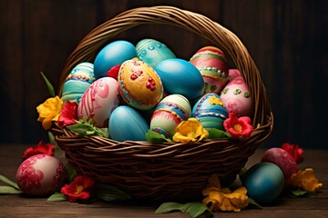 Fototapeta na wymiar A basket filled with vibrant Easter eggs, perfect for festive backgrounds. Generative AI