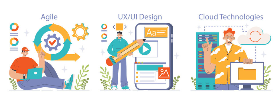 Software development set. Coding, back-end and front-end engineering or programming. Software script and algorithm development. Flat vector illustration