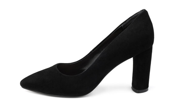 Side view of black suede high-heel shoe