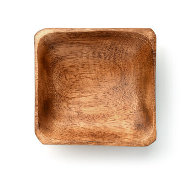 Top view of empty square wooden bowl