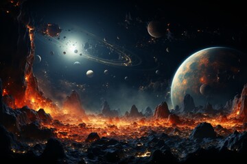 Deep space planets, awesome science fiction wallpaper, cosmic landscape. 