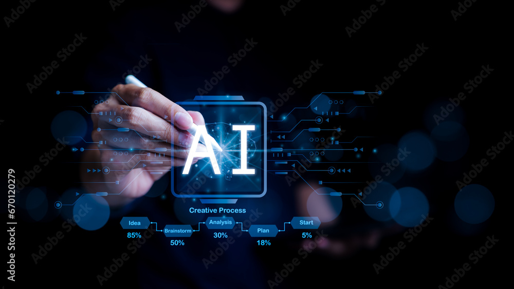 Poster man use ai tool to help work, ai learning business, modern technology, internet and networking. tech