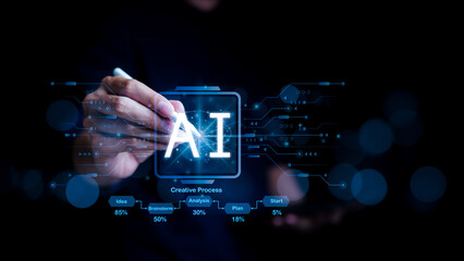 Man use AI tool to help work, AI Learning Business, modern technology, internet and networking....
