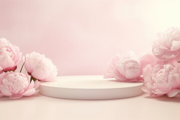 Product podium with pink peonies in spring pastel colors for product presentation. Mockup for branding, packaging - obrazy, fototapety, plakaty