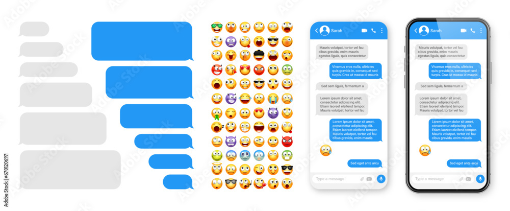 Fototapete smartphone messaging app, user interface design with emoji. sms text frame. chat screen with blue me
