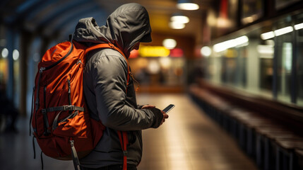 A backpacker is looking at map on smartphone at the station.