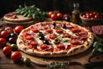 pizza filled with tomatoes, salami and olives 
