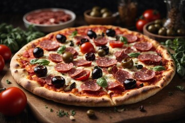 pizza filled with tomatoes, salami and olives 