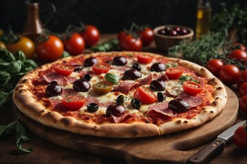 pizza filled with tomatoes, salami and olives 