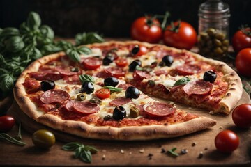pizza filled with tomatoes, salami and olives 