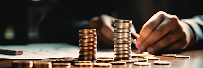 Business banner with copy space. Hand putting money coin stack with growing business.