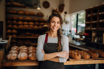 Young beautiful woman baker on a background of baked bread - obrazy, fototapety, plakaty