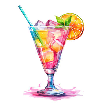 Summer cocktail with lemon slice and ice cubes png isolated on a transparent background, watercolor clipart illustration