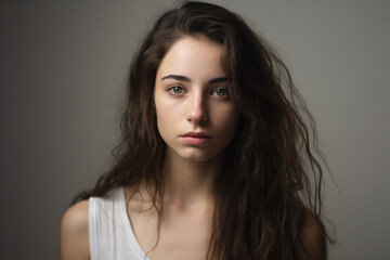 Naklejka premium Portrait of a beautiful teen girl with long hair on a gray background.