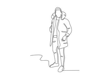A man wearing a thick jacket. Winter outfit one-line drawing