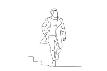 A man wearing an elegant winter jacket. Winter outfit one-line drawing
