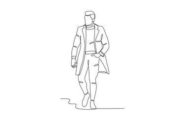 A stylish man wearing winter clothes. Winter outfit one-line drawing