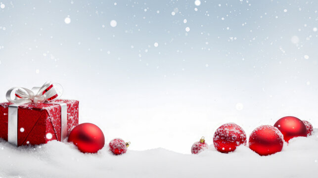 Christmas background with red gift boxes and red baubles on snow