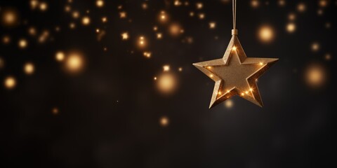 Christmas stars lights on dark background with bokeh abstract defocused elements, copy space, generative ai