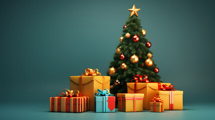 A lot of presents with new year tree on the empty solid background