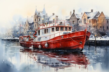 beautiful and artistic watercolor painting of boat in early morning.
