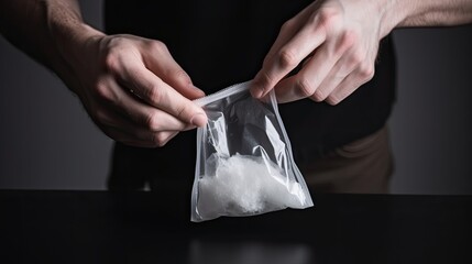Concept drug addiction. Man hand holds plastic packet or bag with cocaine or another drugs, drug abuse and danger addiction concept.  - obrazy, fototapety, plakaty