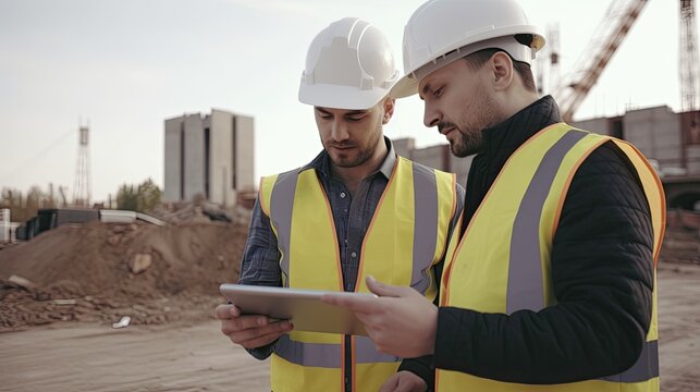 Construction workers with digital tablet and architectural plan at building site 