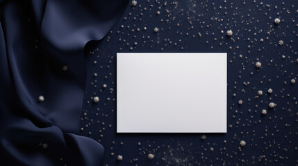 White Blank Greeting Card Mockup On Rich Navy Blue Velvet Backdrop, Invitation Card For Special Occasions. Greeting Card Template Mock Up. Generative AI