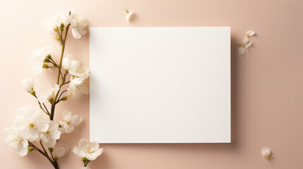 White Blank Greeting Card Mockup With Boho Floral Accents, Invitation Card With Flowers For Special Occasions On A  Beige  Background. Greeting Card Template Mock Up Background. Generative AI