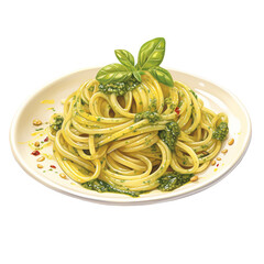 italian dish pasta spaghetti pesto basil png isolated on a transparent background, watercolor clipart illustration