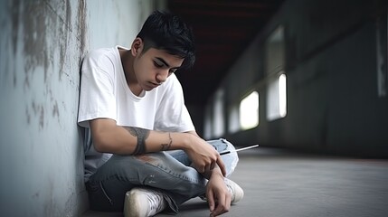 Drug addicted teen sitting on the cement floor with syringe in front of. Anti drug concept  - obrazy, fototapety, plakaty