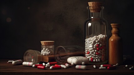 Drug addiction concept and substance dependence as a junkie symbol or addict health problem with cocaine heroin cannabis alcohol and prescription pills with 3D illustration elements.  - obrazy, fototapety, plakaty