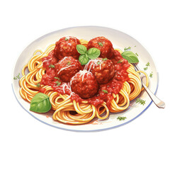 italian dish pasta meatballs and tomato sauce png isolated on a transparent background, watercolor clipart illustration - obrazy, fototapety, plakaty