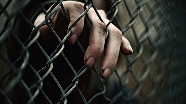 depression - close up of hand on chain-link fence. 
