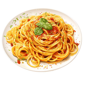 italian dish pasta spaghetti with basil tomato png isolated on a transparent background, watercolor clipart illustration